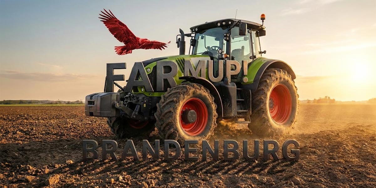 Schriftzug FARMUP! BRANDENBURG, inszeniert mit einem grünen Traktor auf einem Acker bei Sonnenuntergang und einem fliegenden roten Adler.